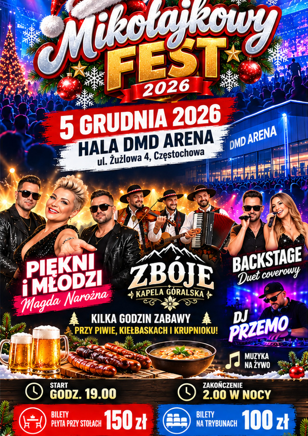 Plakat Mikołajkowy FEST 2026: 5 grudnia, Hala DMD ARENA, wykonawcy i ceny biletów